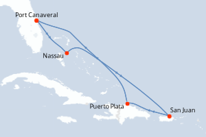 Carte itinéraire croisière États-Unis, Bahamas, Porto Rico, République Dominicaine - 14 jours au départ de Port Canaveral - Caraïbes Bahamas