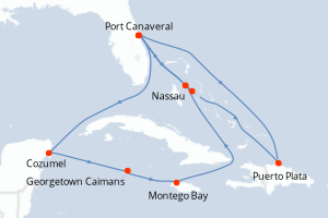 carte itinéraire croisière Caraïbes Bahamas 14 jours au départ du port de Port Canaveral