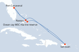 carte itinéraire croisière Caraïbes Bahamas 7 jours au départ du port de Port Canaveral
