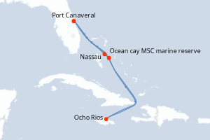 Carte de l'itinéraire de croisière Port Canaveral-Port Canaveral d'une durée de 10 jours