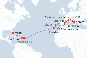 carte itinéraire croisière Transatlantique 21 jours au départ du port de Naples