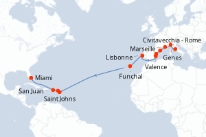 Carte de l'itinéraire de croisière Civitavecchia - Rome-Miami d'une durée de 20 jours
