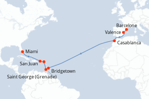 carte itinéraire croisière Transatlantique 19 jours au départ du port de Barcelone