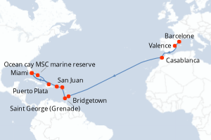 carte itinéraire croisière Transatlantique 24 jours au départ du port de Barcelone