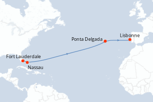 Carte de l'itinéraire de croisière Fort Lauderdale-Lisbonne d'une durée de 13 jours