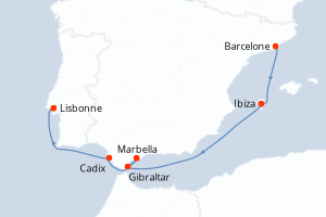 Carte de l'itinéraire de croisière Barcelone-Lisbonne d'une durée de 7 jours