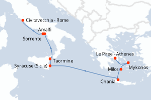 carte itinéraire croisière Sicile 9 jours au départ du port de Le Piree - Athenes