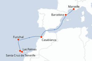 Carte de l'itinéraire de croisière Las Palmas-Marseille d'une durée de 7 jours