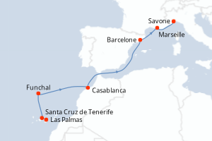 Carte de l'itinéraire de croisière Las Palmas-Savone d'une durée de 8 jours