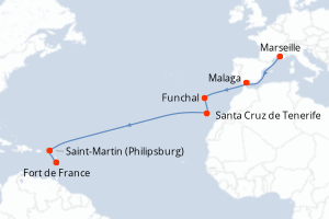 carte itinéraire croisière Transatlantique 13 jours au départ du port de Marseille