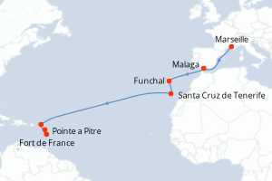 Carte de l'itinéraire de croisière Marseille-Pointe a Pitre d'une durée de 14 jours