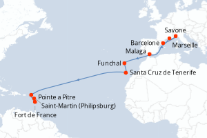 carte itinéraire croisière Transatlantique 16 jours au départ du port de Barcelone