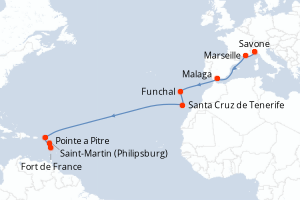 carte itinéraire croisière Transatlantique 15 jours au départ du port de Savone