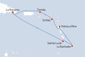 Carte de l'itinéraire de croisière La Romana-La Romana d'une durée de 7 jours