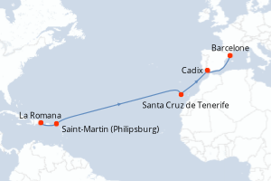 carte itinéraire croisière Transatlantique 13 jours au départ du port de La Romana