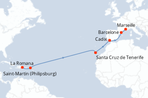 carte itinéraire croisière Transatlantique 14 jours au départ du port de La Romana