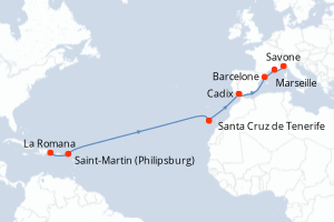carte itinéraire croisière Transatlantique 15 jours au départ du port de La Romana