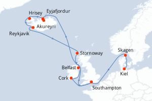 Carte de l'itinéraire de croisière Kiel-Southampton d'une durée de 17 jours