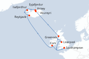 Carte de l'itinéraire de croisière Southampton-Southampton d'une durée de 14 jours