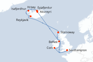 Carte de l'itinéraire de croisière Southampton-Southampton d'une durée de 14 jours