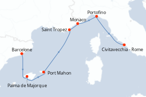 Carte de l'itinéraire de croisière Barcelone-Civitavecchia - Rome d'une durée de 7 jours