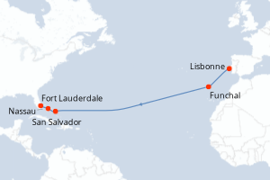 Carte de l'itinéraire de croisière Lisbonne-Fort Lauderdale d'une durée de 13 jours