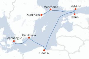 Carte de l'itinéraire de croisière Copenhague-Stockholm d'une durée de 7 jours