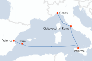 Carte de l'itinéraire de croisière Genes-Valence d'une durée de 5 jours
