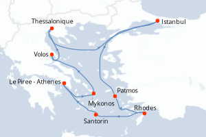 Carte de l'itinéraire de croisière Le Piree - Athenes-Le Piree - Athenes d'une durée de 11 jours