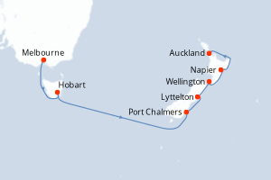 Carte de l'itinéraire de croisière Melbourne-Auckland d'une durée de 12 jours