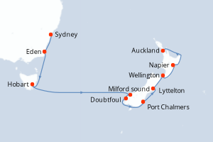 Carte de l'itinéraire de croisière Sydney-Auckland d'une durée de 13 jours