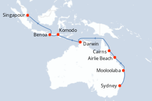 Carte de l'itinéraire de croisière Sydney-Singapour d'une durée de 18 jours