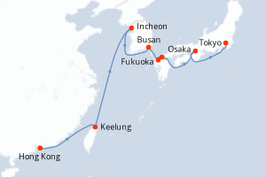 Carte de l'itinéraire de croisière Hong Kong-Tokyo d'une durée de 14 jours