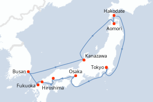 Carte de l'itinéraire de croisière Tokyo-Tokyo d'une durée de 14 jours