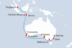 Carte de l'itinéraire de croisière Singapour-Melbourne d'une durée de 21 jours