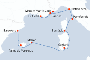 carte itinéraire croisière Sardaigne 10 jours au départ du port de Barcelone
