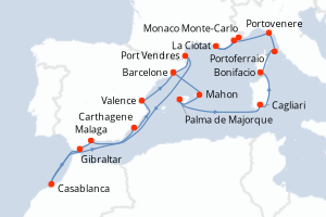 carte itinéraire croisière Sardaigne 20 jours au départ du port de Barcelone