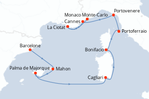 Carte de l'itinéraire de croisière Barcelone-Monaco Monte-Carlo d'une durée de 10 jours