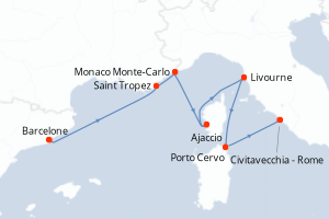 Carte de l'itinéraire de croisière Barcelone-Civitavecchia - Rome d'une durée de 7 jours