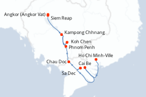 Carte de l'itinéraire de croisière Ho Chi Minh-Ville-Angkor (Angkor Vat) d'une durée de 10 jours
