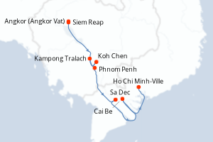 Carte de l'itinéraire de croisière Siem Reap-Ho Chi Minh-Ville d'une durée de 10 jours
