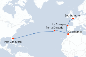 carte itinéraire croisière Transatlantique 15 jours au départ du port de Port Canaveral