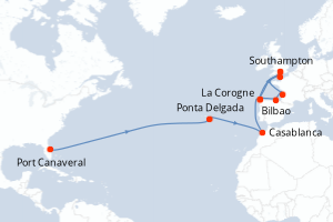 carte itinéraire croisière Transatlantique 22 jours au départ du port de Port Canaveral
