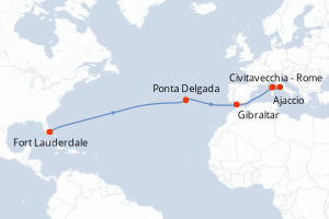 carte itinéraire croisière Transatlantique 14 jours au départ du port de Fort Lauderdale