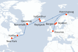 carte itinéraire croisière Transatlantique 21 jours au départ du port de Douvres