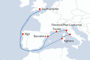 carte itinéraire croisière Europe du Nord 14 jours au départ du port de Southampton
