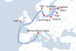 Carte de l'itinéraire de croisière Copenhague-Visby d'une durée de 12 jours