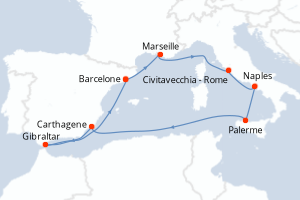 Carte de l'itinéraire de croisière Barcelone-Barcelone d'une durée de 11 jours