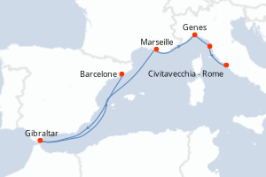 Carte de l'itinéraire de croisière Barcelone-Civitavecchia - Rome d'une durée de 7 jours
