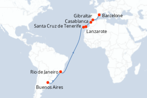 carte itinéraire croisière Transatlantique 18 jours au départ du port de Buenos Aires